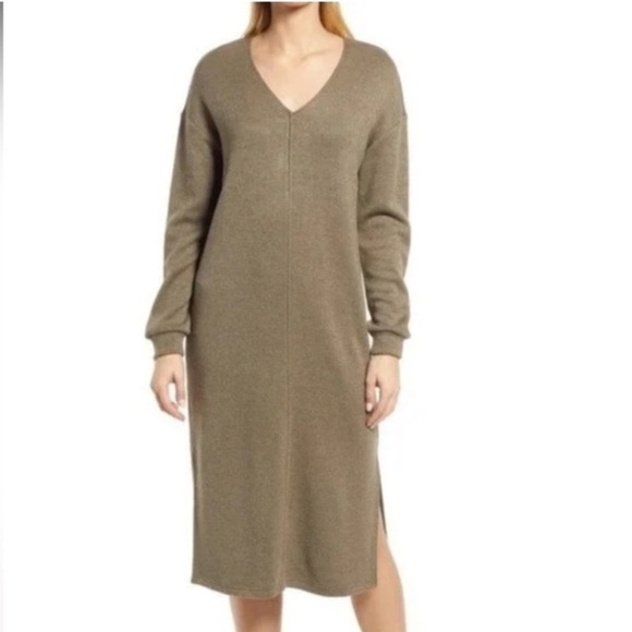 CASLON VNeck Oversized Flowy Midi Sweater Dress Long Green Chunky Goth Large - Picture 1 of 11
